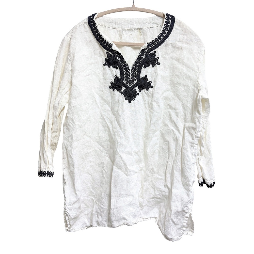 Symple NYC Tunic White Boho Soutache Embroidered V-Neck Linen‎ Blouse XL